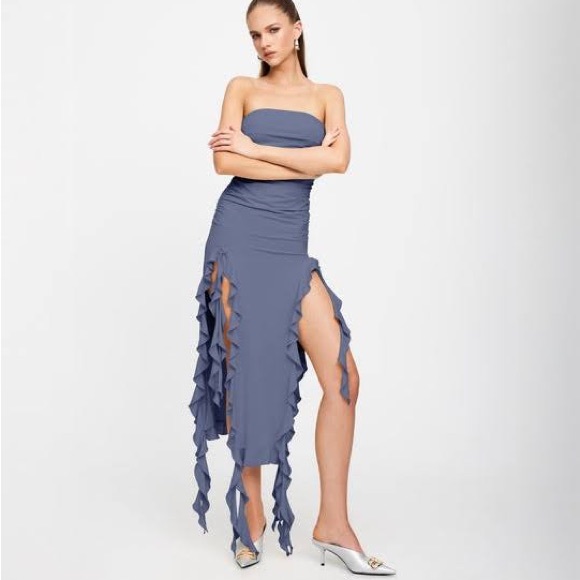 Lioness Rendezvous Strapless Ruffle Midi Dress Slate - Picture 2 of 4